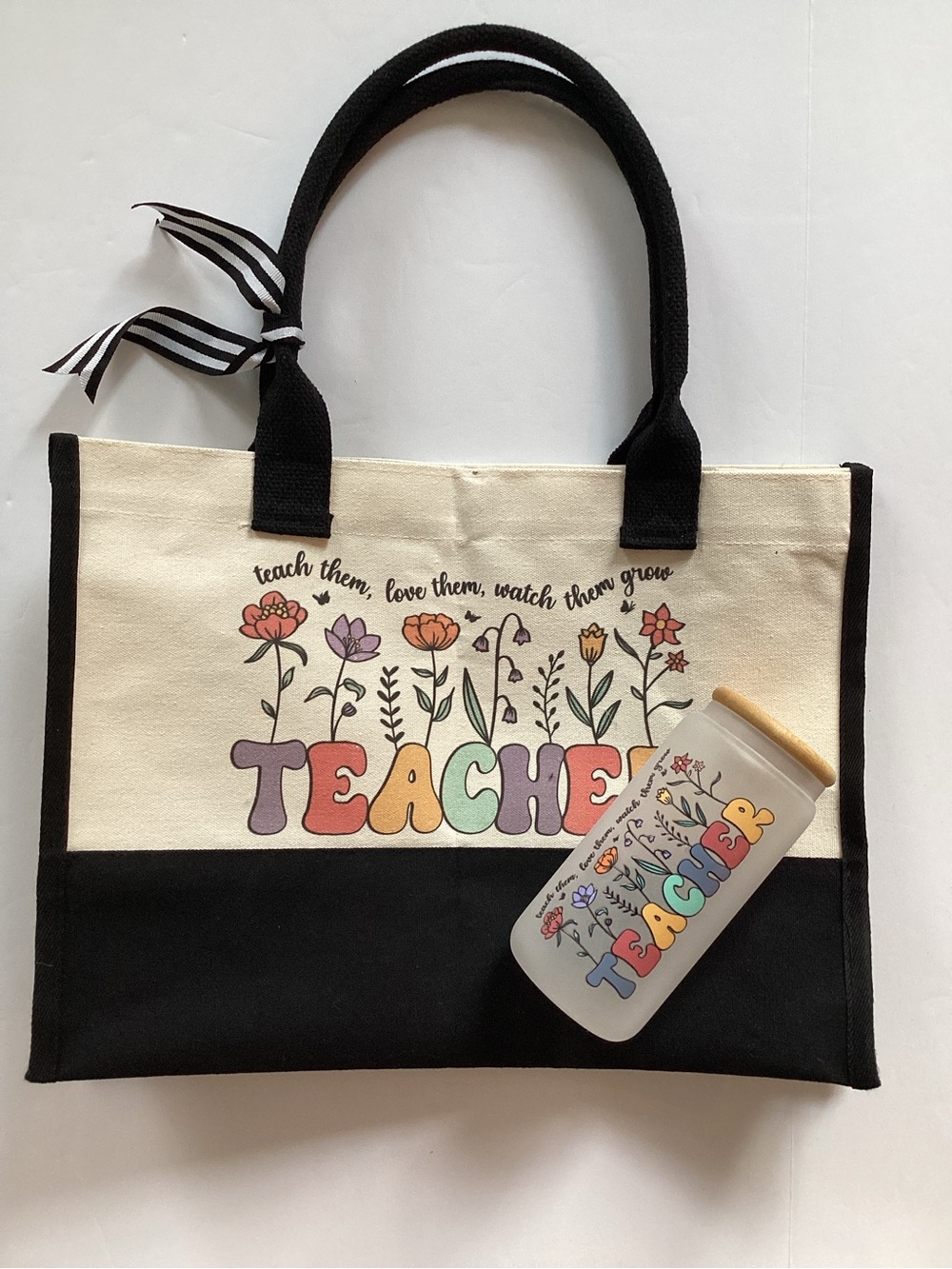 Teacher Canvas Tote Bag with Water Bottle in Cream and Black